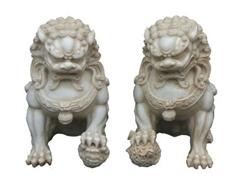 Pair Chinese Off White Marble Like Fengshui Foo Dogs cs1290E