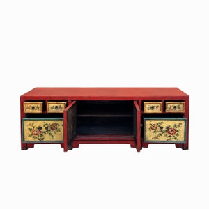 Chinese Distressed Red Cream Flower Graphic TV Console Table Cabinet cs7722E image 5