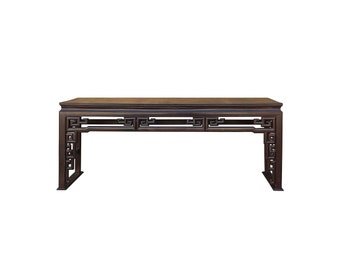 Chinese Vintage Brown Lacquer Square Ru Yi Motif Long Altar Console Table ws3882E