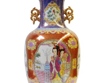 Chinese Red Multi-Color People Scenery Round Porcelain Vase cs1484E