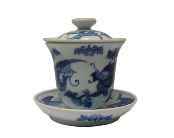 Chinese Blue & White Porcelain Dragon Phoenix Teacup Set cs515E