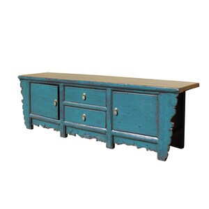 Oriental Distressed Rustic Teal Blue Lacquer Low Console Table Cabinet cs4622E image 5