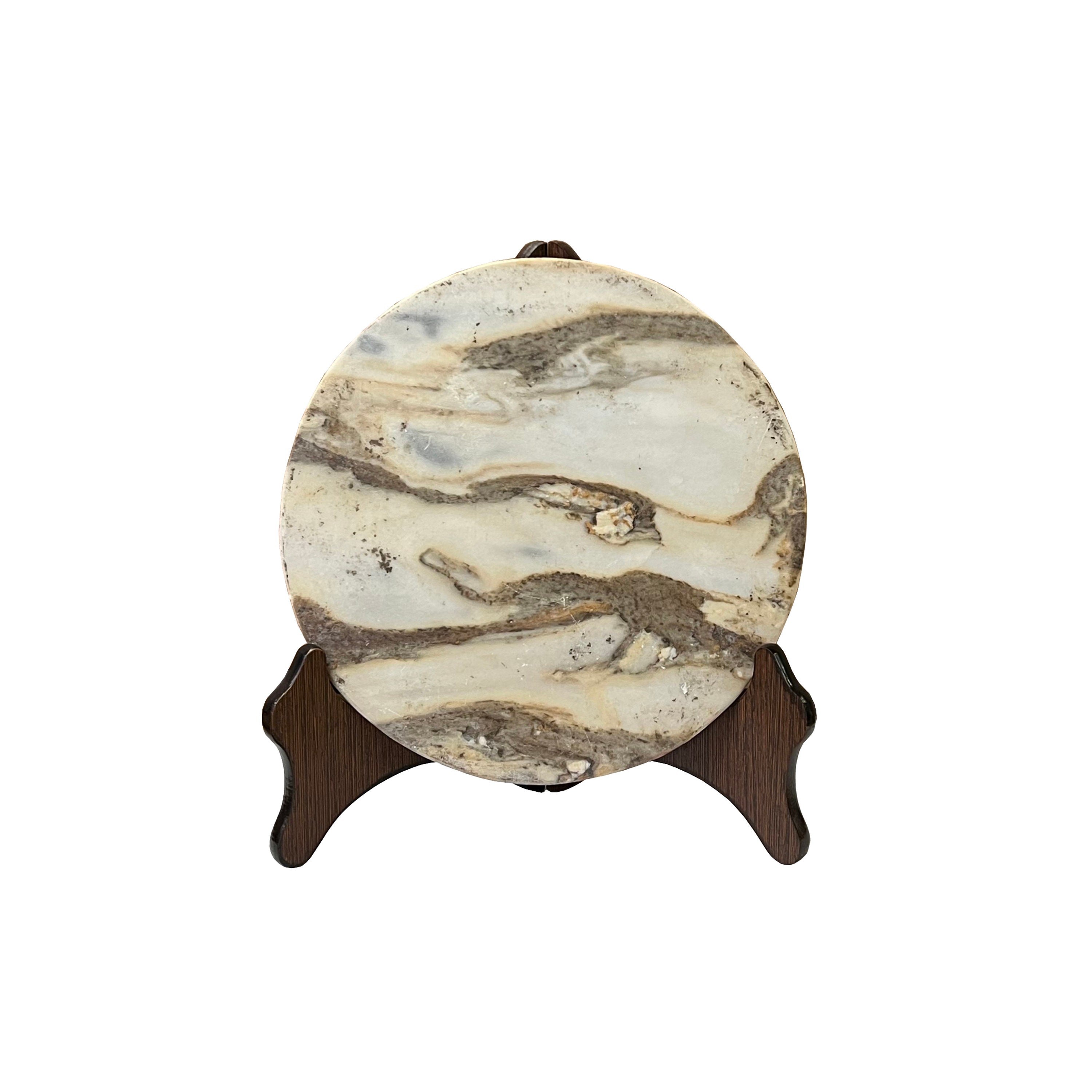 Chinese Natural Dream Stone Round White Fengshui Plaque Display Ws2256E