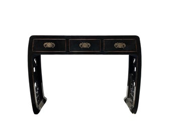 Black Lacquer Curve Panel Legs 3 Drawers Slim Foyer Side Table cs7370E