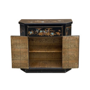 Oriental Black Veneer Flower Birds Graphic Slim Side Table Cabinet cs7800E image 2