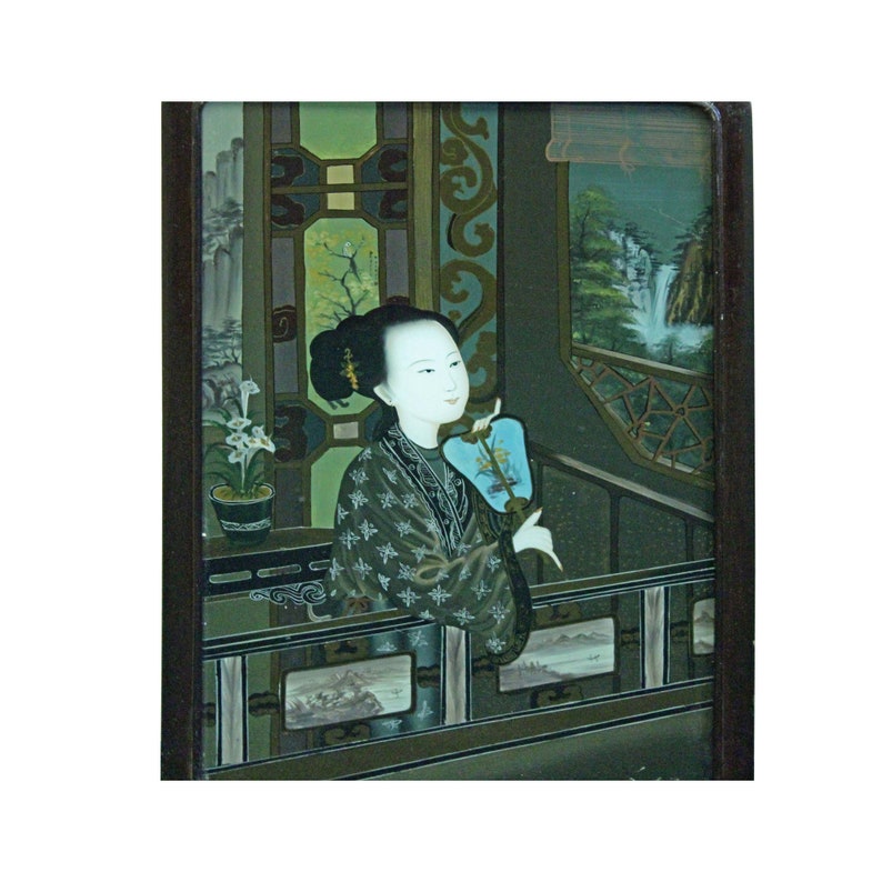 Vintage Chinese Reverse Painting Glass Lady Portrait Wall Art ws453E image 2