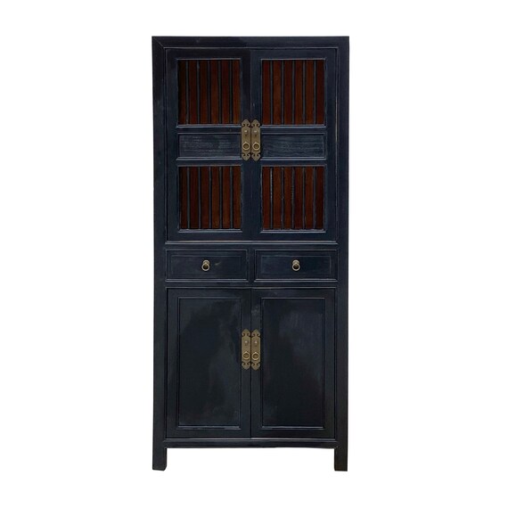 Chinese Distressed Black Small Display Bookcase Curio Cabinet