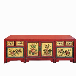 Chinese Distressed Red Cream Flower Graphic TV Console Table Cabinet cs7722E image 2