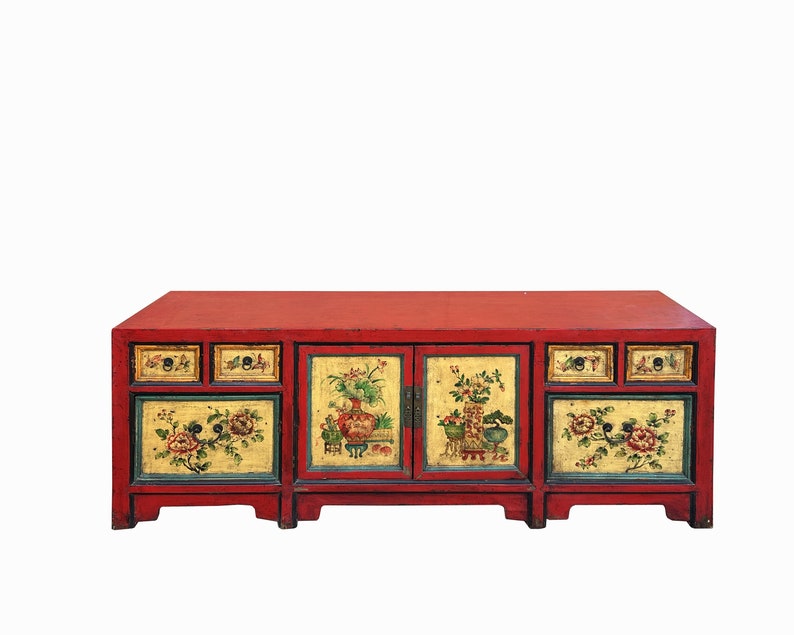 Chinese Distressed Red Cream Flower Graphic TV Console Table Cabinet cs7722E image 2