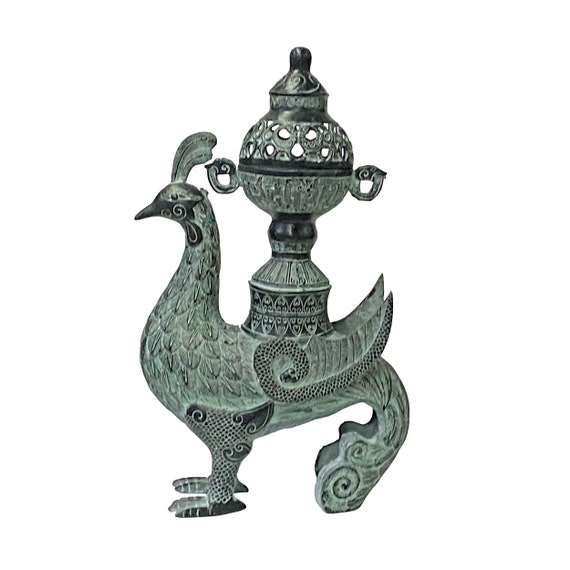 アンティーク黄金に輝き、幸運を運ぶ鳳凰の真鍮製オブジェ中国漢代様式 瑞鳥 中国 鳳凰 鳥 アンティーク黄金に輝き 幸運を運ぶ鳳凰の真鍮製オブジェ