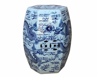 Chinese Blue & White Porcelain Hexagon Double Dragons Table Stool cs7004E