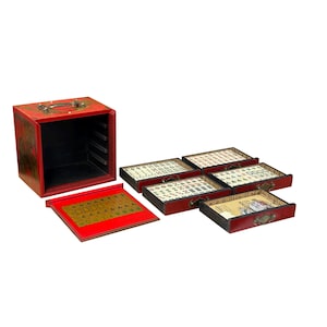 Chinese Flower Bird Red Vinyl Box Small Size Mahjong Tiles Game Set GB231E
