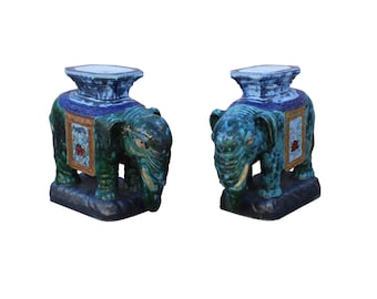 Pair Ceramic Handmade Chinese Green Blue Oriental Elephant Figures cs3622E