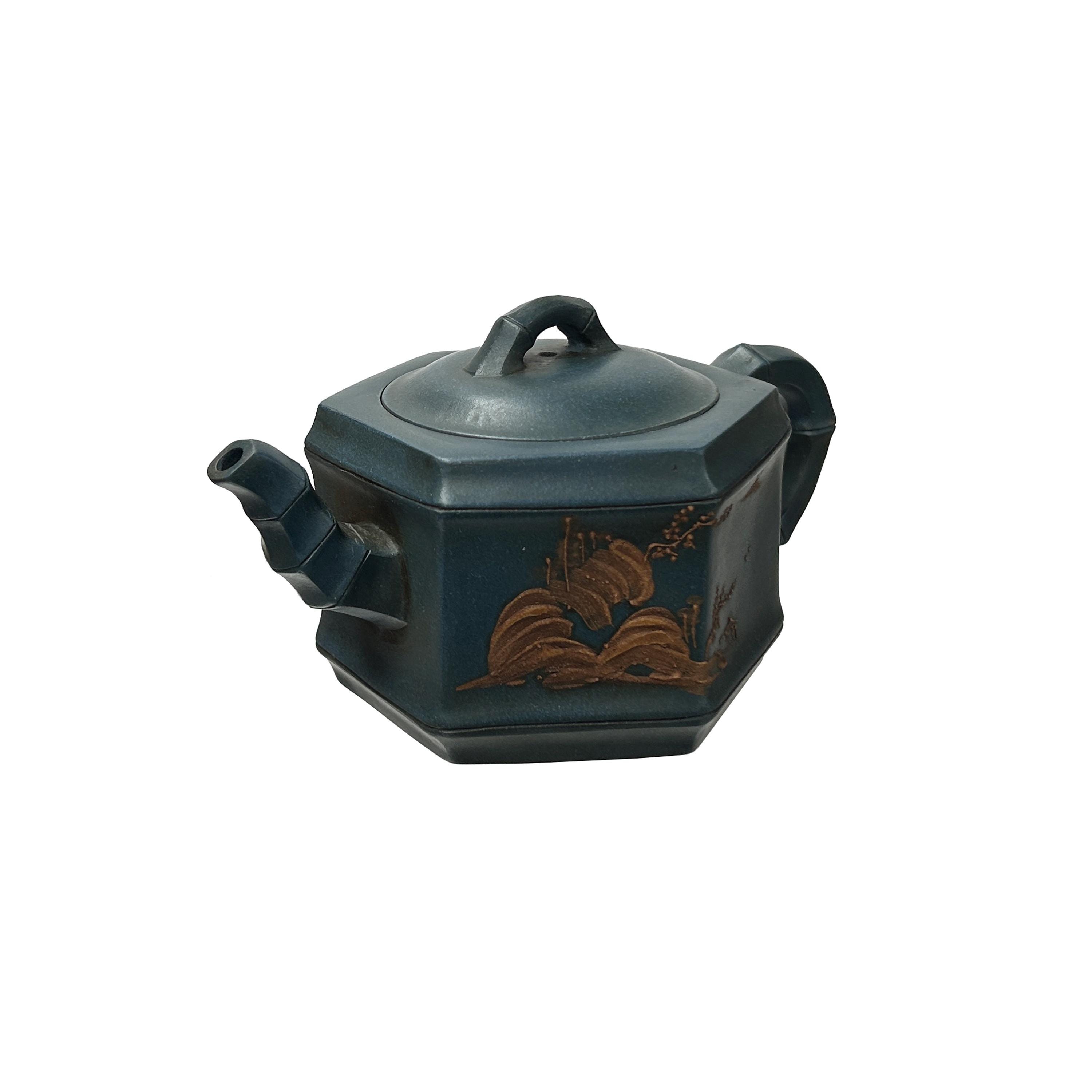 ししあん Vintage Chinese Gray Blue Hexagonal Bamboo Theme Zisha Clay Teapot