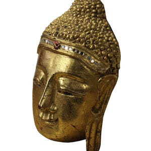 Handcrafted Wood Gold Paint Serene Meditate Sakyamuni Buddha Face Mask Sculpture n262E image 3