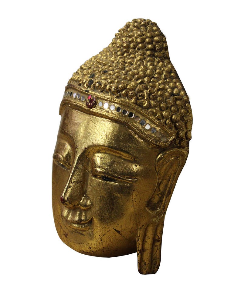 Handcrafted Wood Gold Paint Serene Meditate Sakyamuni Buddha Face Mask Sculpture n262E image 3