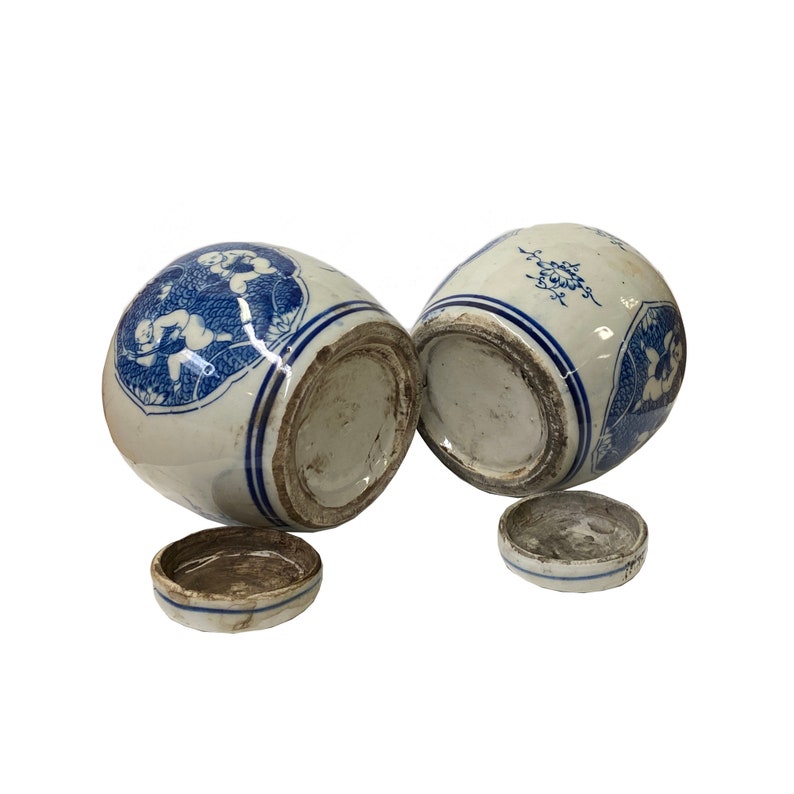Pair Blue White Small Oriental Graphic Porcelain Ginger Jars ws951E image 4