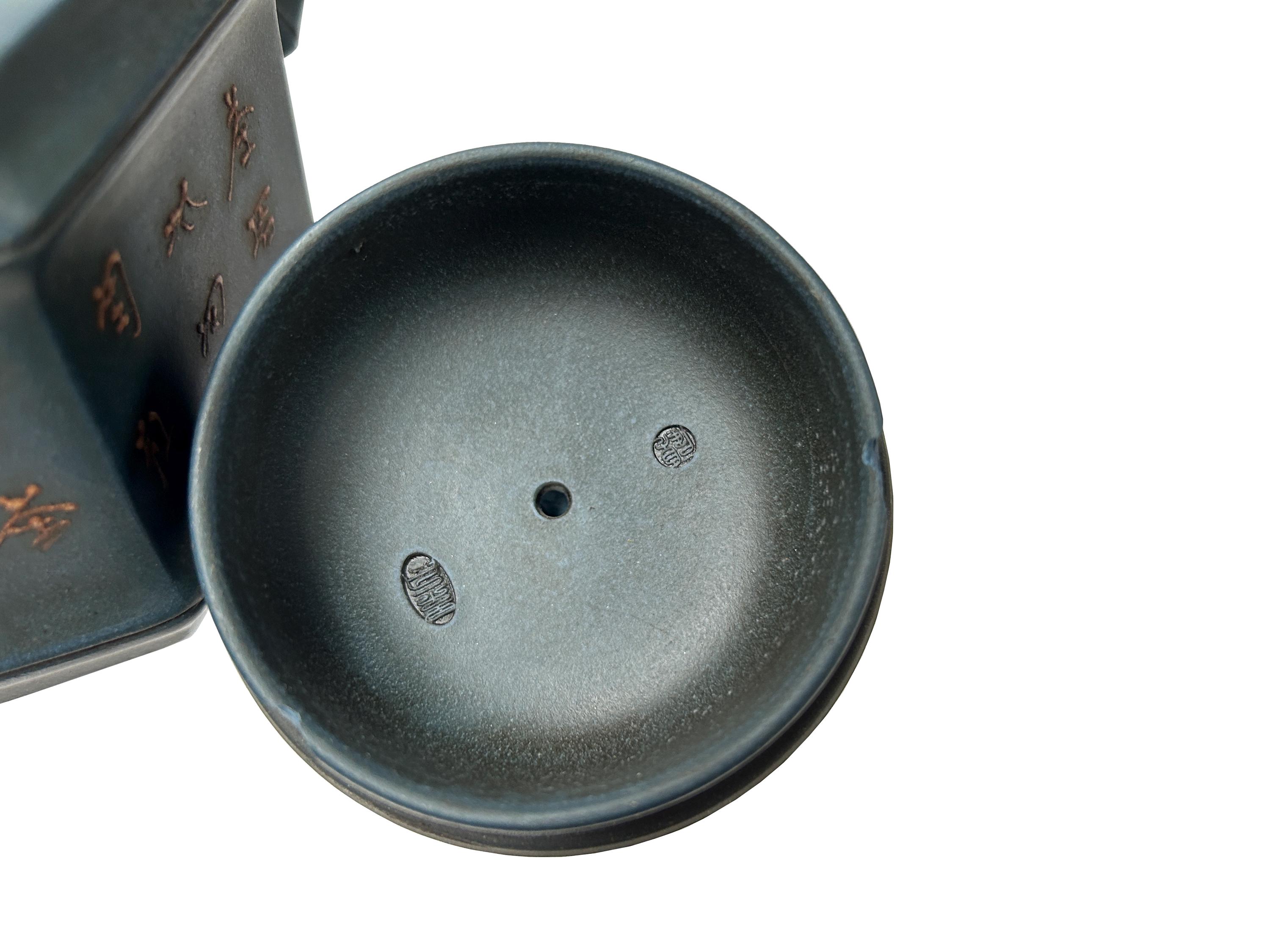 Vintage Chinese Gray Blue Hexagonal Bamboo Theme Zisha Clay Teapot