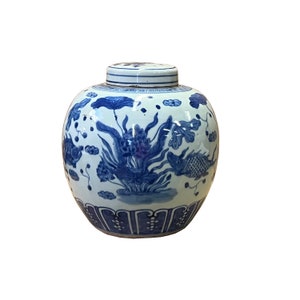 Chinese Hand-paint Flowers Fishes Blue White Porcelain Ginger Jar ws2818E image 1