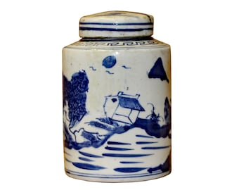 Chinese Blue White Ceramic Oriental Scenery Graphic Container Urn Jar ws838E