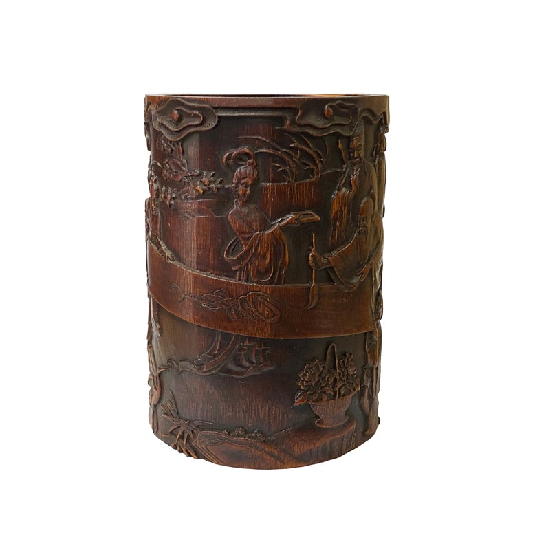 Chinese Bamboo Relief Scholars Motif Carving Brush Pen Holder Art ws2139E image 1