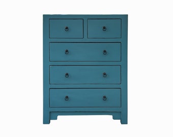 Oriental Turquoise Blue 5 Drawers Slim Narrow Chest Cabinet Dresser cs7706E