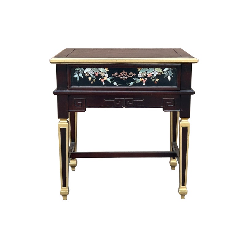 Vintage Chinese Rectangular Color Stone Flower Inlay Accent Side Table ws3583E image 1