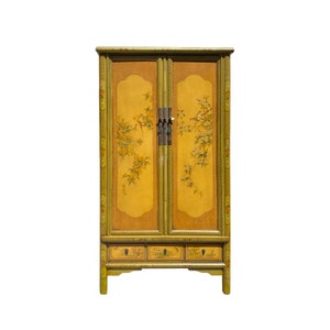 Chinese Olive Green Yellow Flower Graphic Armoire Wardrobe Cabinet cs7309E image 1