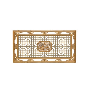 May include: A rectangular wooden panel with intricate carvings. The panel features a central square with a floral design and a grid pattern surrounding it. The panel is framed with a decorative border.