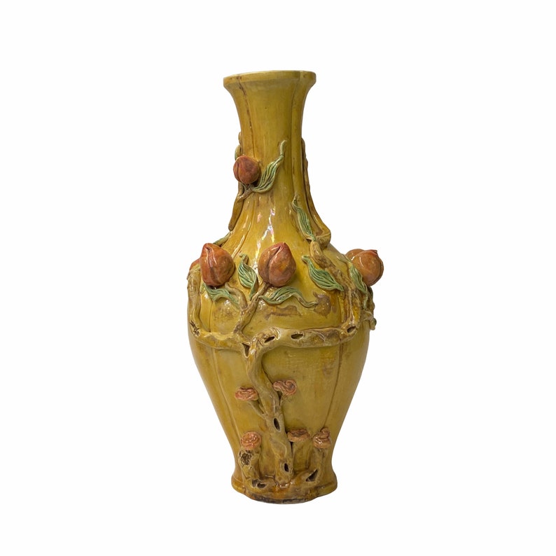 Handmade Chinese Ceramic Distressed Yellow Peach Theme Vase ws1769E image 1