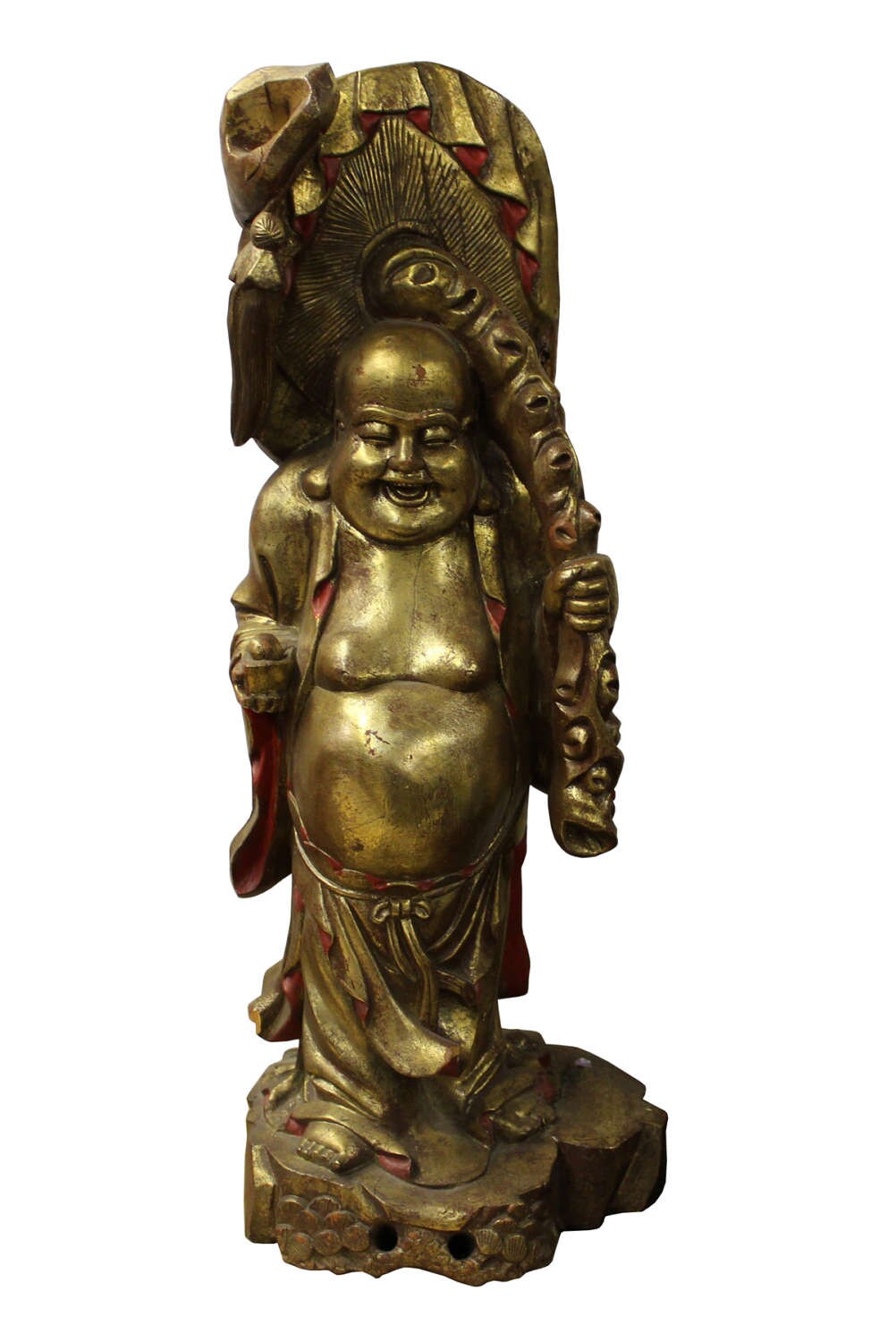Wood Craved Standing Happy Buddha Painted Gold Color Holding Lotus & Money N194E