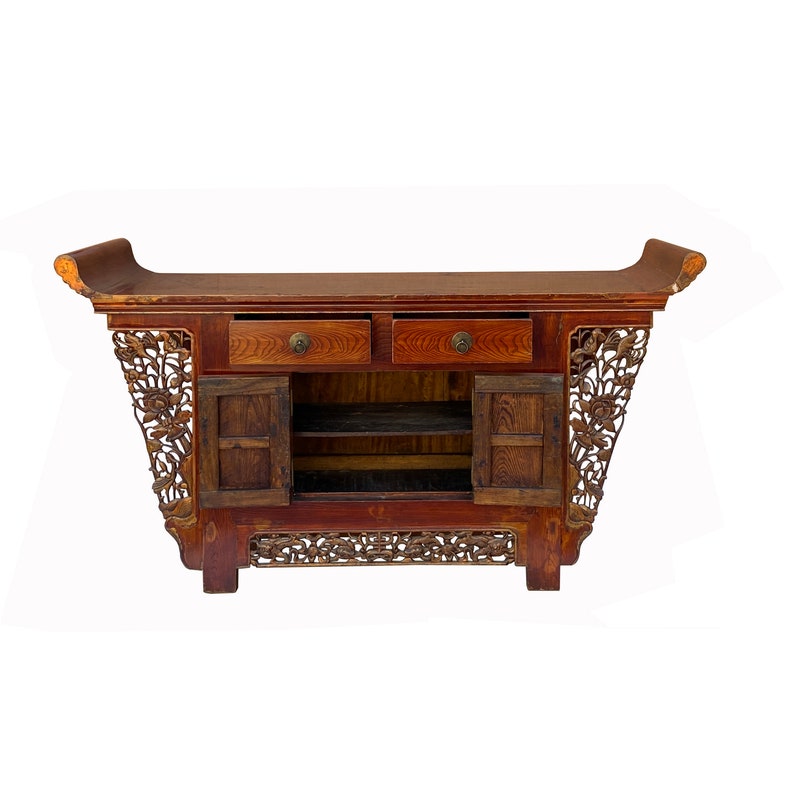 Chinese Rustic Brown Vintage Point Edge Flower Apron Console Cabinet cs7305E image 10