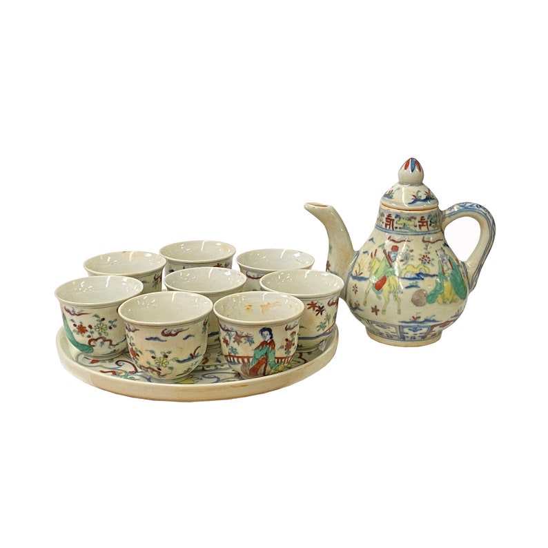 Chinese Ceramic Off White Eight Immortal Field Teapot Teacups Deco Set ws2002E image 1