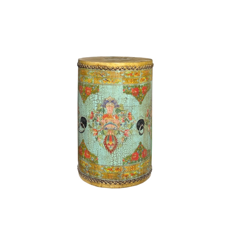 Distressed Chinese Tibetan Drum Shape Turquoise Crackle Floral Side Table cs7518E image 1