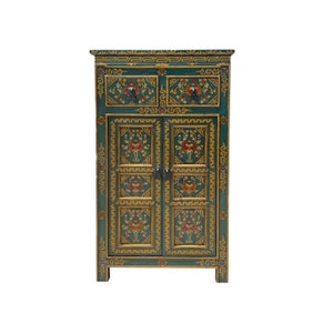 Distressed Teal Blue Green Tibetan Floral End Table Nightstand Cabinet cs7621E image 1