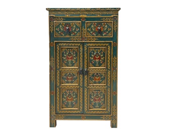 Distressed Teal Blue Green Tibetan Floral End Table Nightstand Cabinet cs7621E