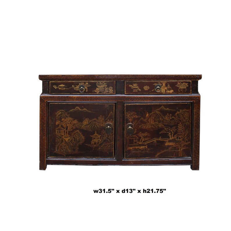Chinese Distressed Brown Floral Motif Low Table Cabinet cs5021E