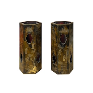 Par de pinceles de madera hexagonales con decoración de paisajes dorados mate chinos ws4856E