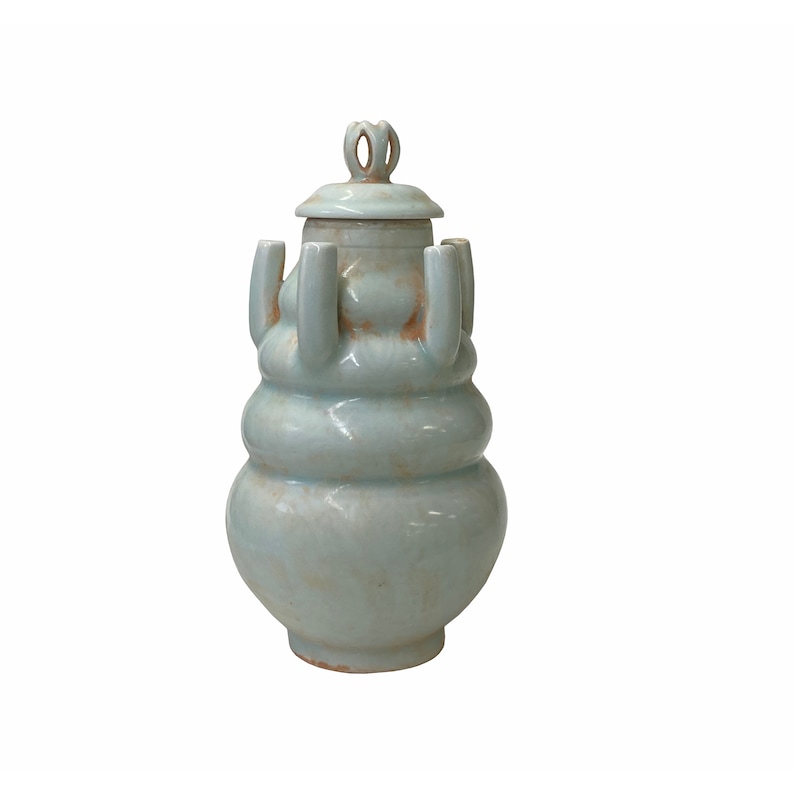 Chinese Handmade Ceramic Celadon White 5 Mouths Motif Jar ws1779E image 1