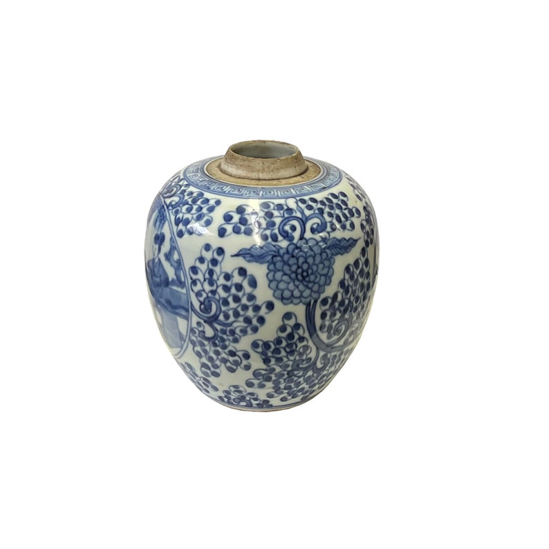 Oriental Dots People Small Blue White Porcelain Ginger Jar ws3333E image 2