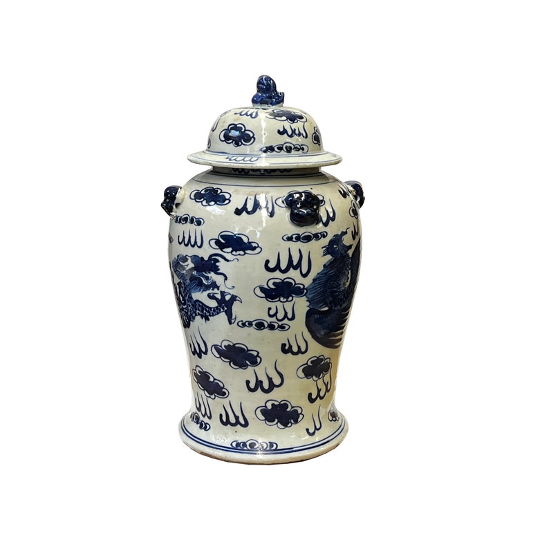 Chinese Blue & White Dragon Phoenix Porcelain Small Temple General Jar ws2880E image 1