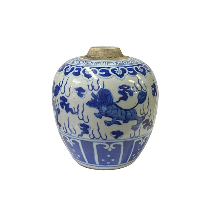 Oriental Handpaint Foo Dog Small Blue White Porcelain Ginger Jar ws2326E image 1