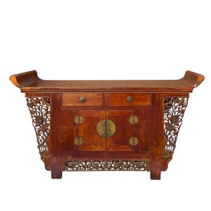Chinese Rustic Brown Vintage Point Edge Flower Apron Console Cabinet cs7305E image 2