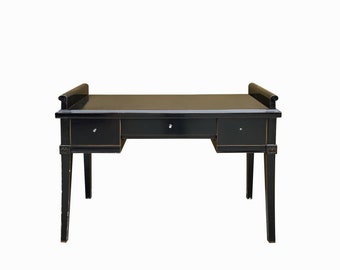 Chinese Black Lacquer 2 Drawers Foyer Scroll Edge Side Table Desk cs7778E