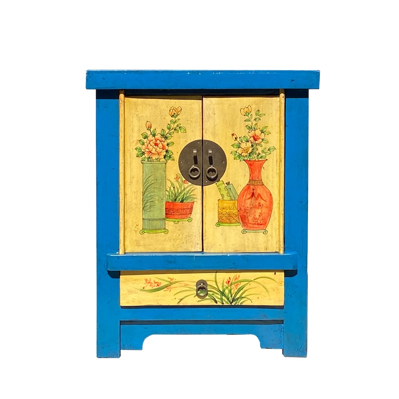 Chinese Rustic Bright Blue Yellow Graphic End Table Nightstand cs7355E image 1