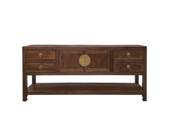 Chinese Oriental Brown Stain Low TV Console Moon Face Table Cabinet cs7572E