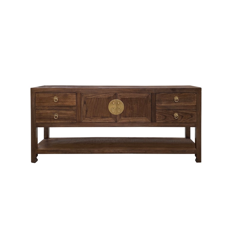 Chinese Oriental Brown Stain Low TV Console Moon Face Table Cabinet cs7572E image 1