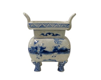 Blue White Oriental Scenery Ding Shape Incense Holder Porcelain Pot ws2065E