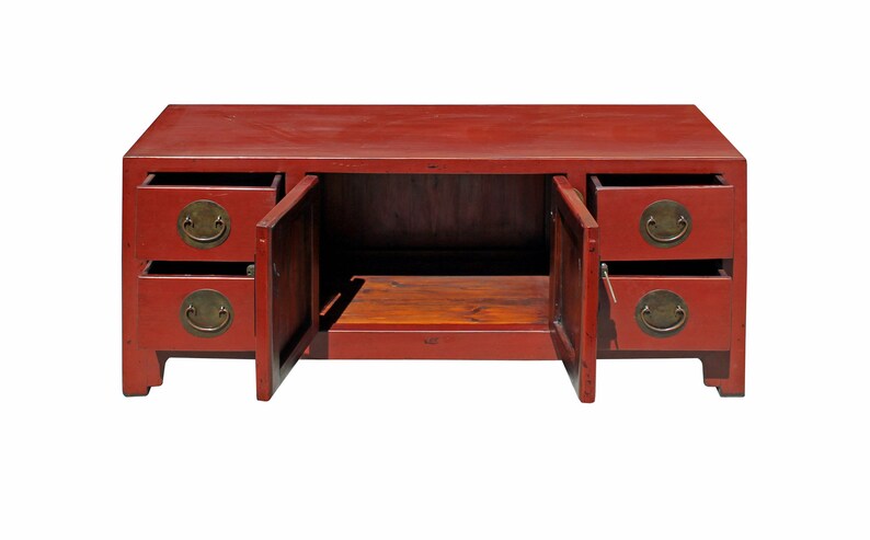 Chinese Oriental Zen Distressed Red Console Sideboard TV Cabinet cs3925E