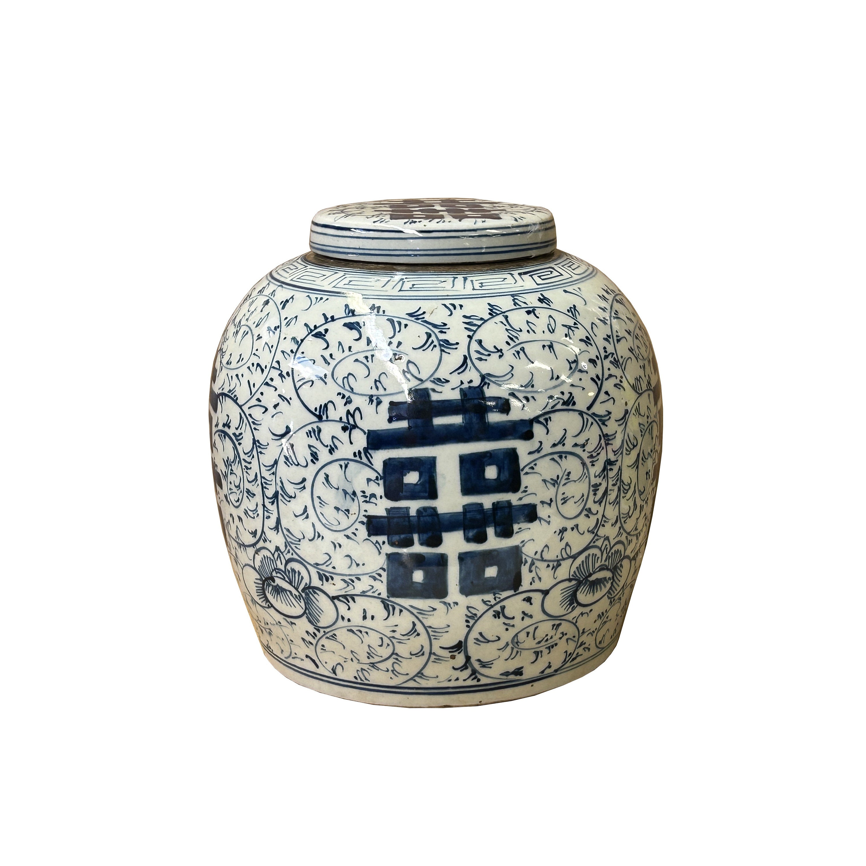 Chinese Blue White Floral Double Happiness Graphic Ginger Jar ws3945E